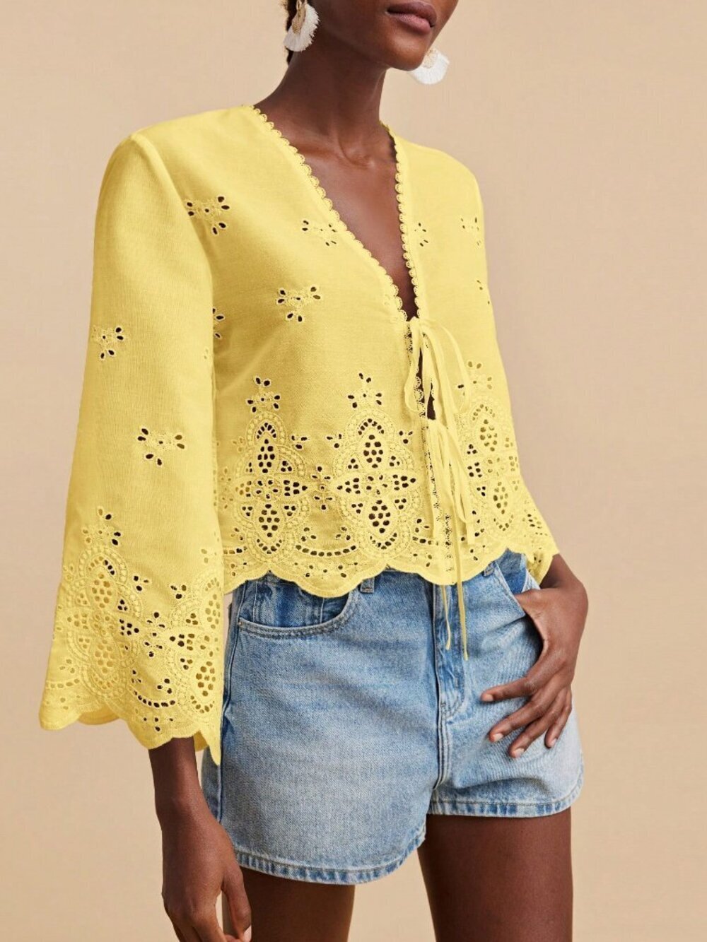 Yellow Boho Women's Flare Sleeve V-Neck Blouse with Tie Front